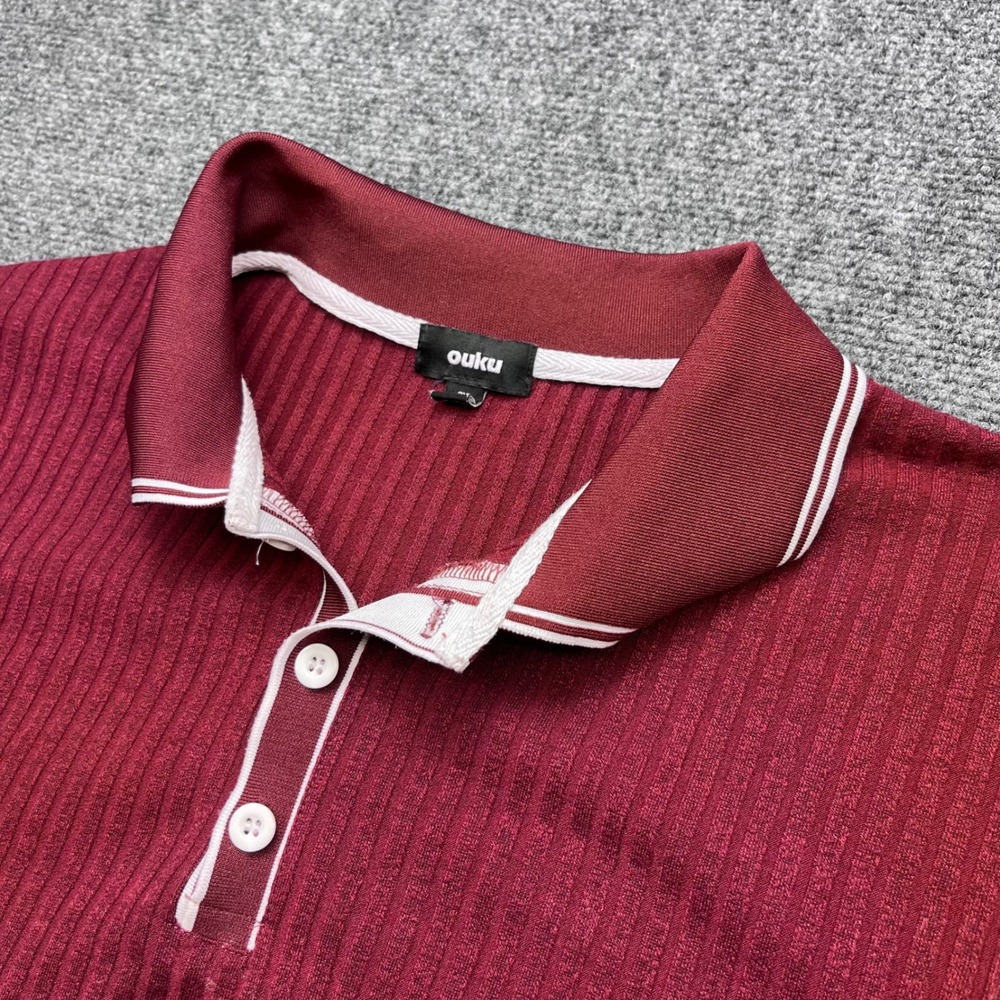 Ouku Ribbed Knit Short Sleeve Tipped Burgundy Polo Shirt